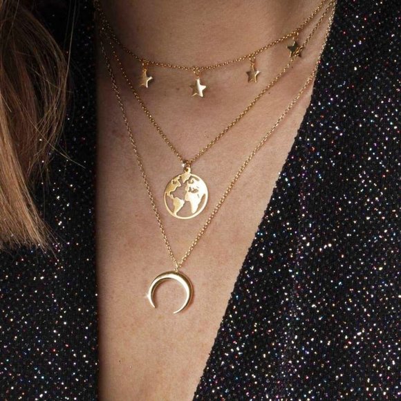 Layered Gold Star Map Earth Moon Necklace